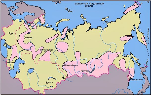 Карта районов опасности по радону в России