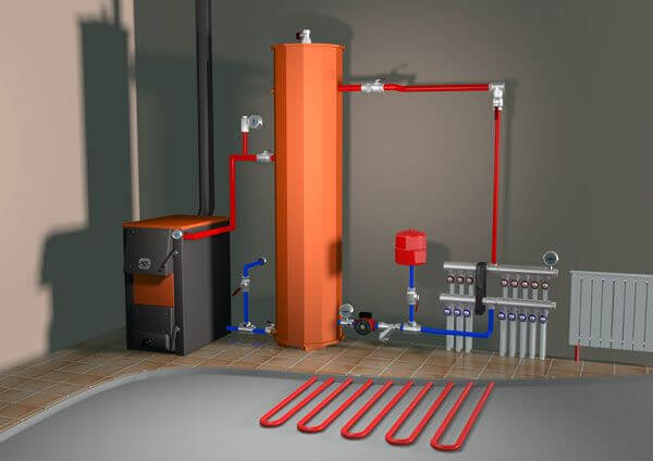 Схема отопления твердотопливным котлом с буферной емкостью - гидроразделителем